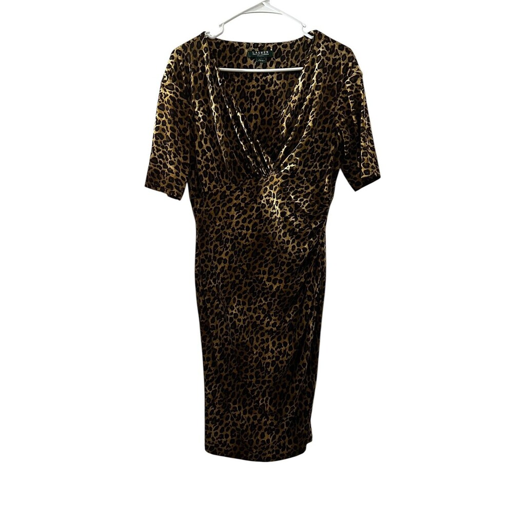 Rare Lauren Ralph Lauren Leopard Sheath Print Dress Ruched V Neck Size 10